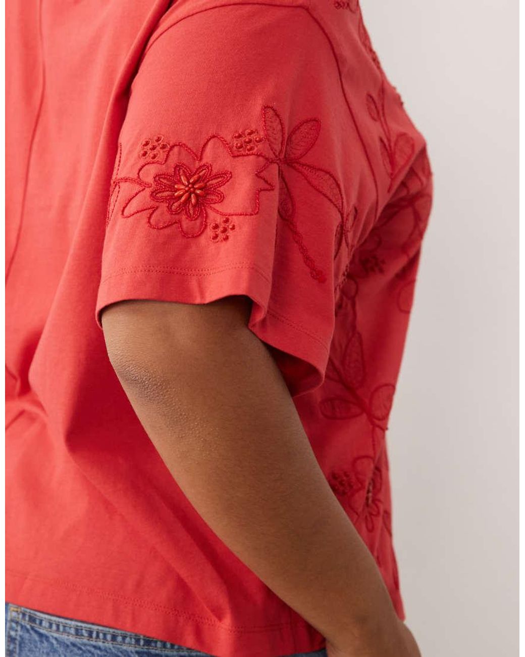 ASOS Red Asos Design Curve Boxy Tee With Embellished Beaded Flowers