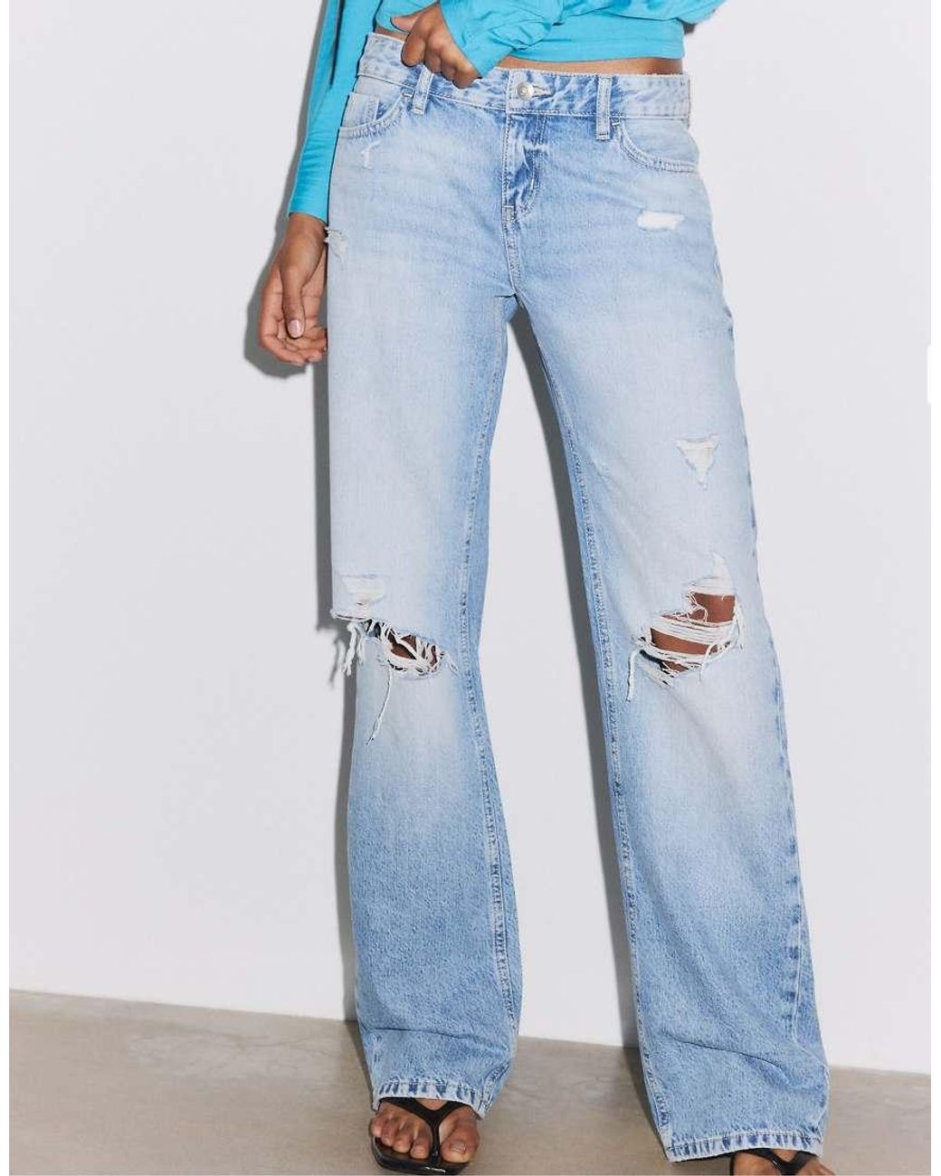 Stradivarius Blue Low-rise Ripped Straight Jeans