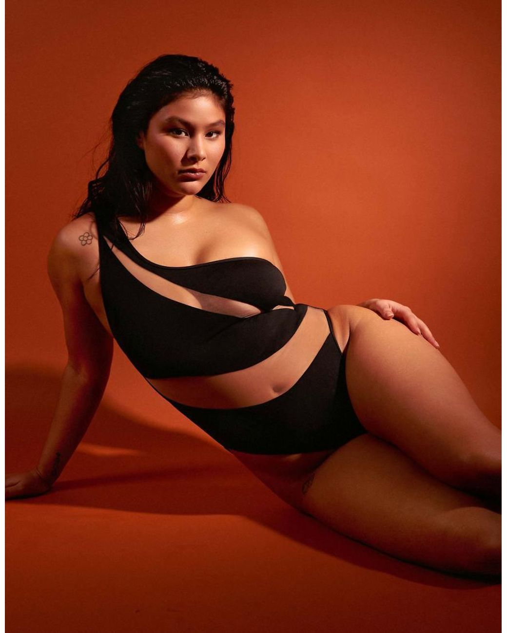 Wolf & Whistle Orange Fuller Bust Asymmetric Swimsuit With Nude Mesh Inserts