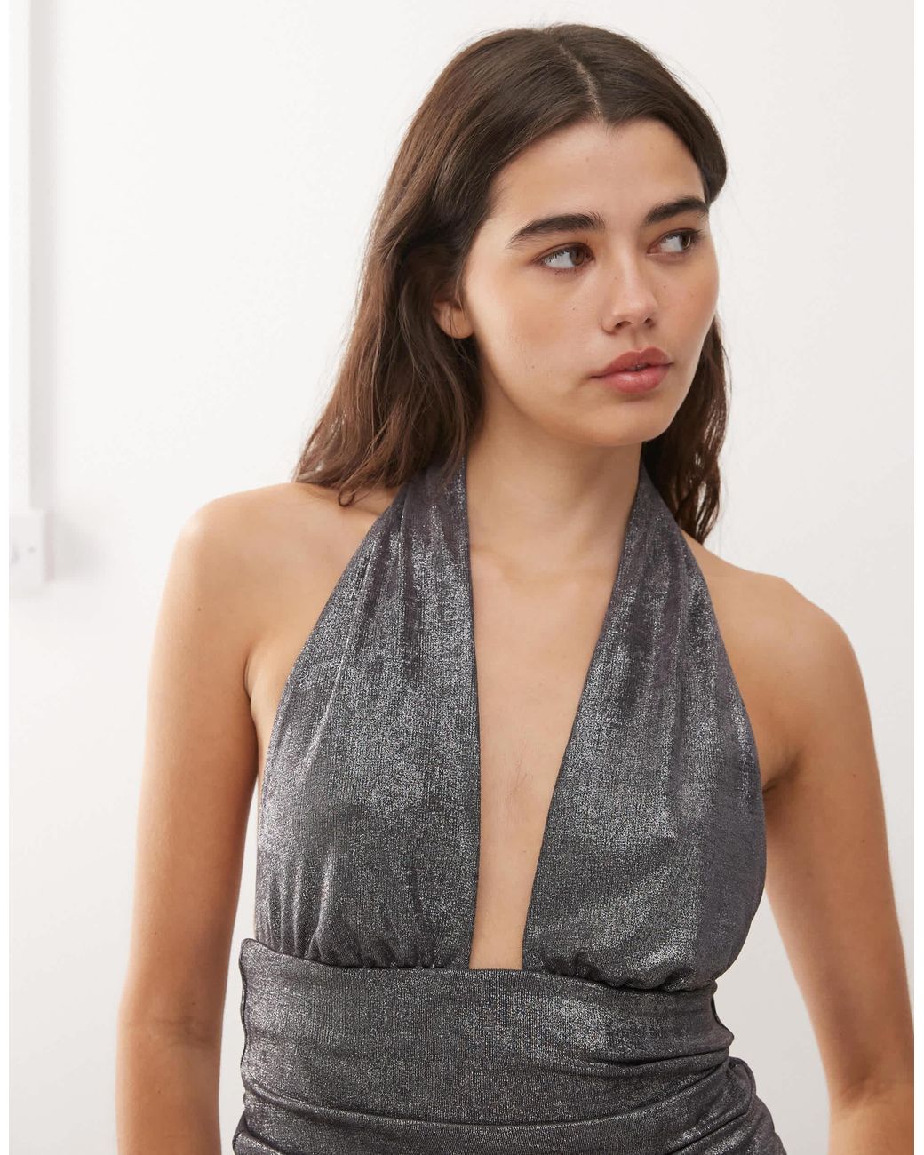 Weekday Gray Shimmer Deep Halter Neck Top