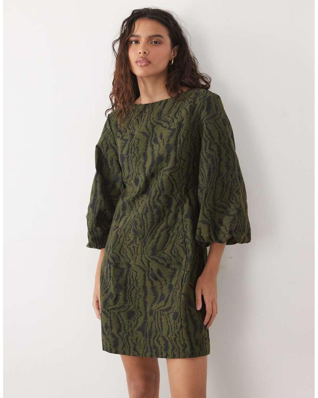 Y.A.S Green Volume Sleeve Slash Neck Jacquard Mini Dress