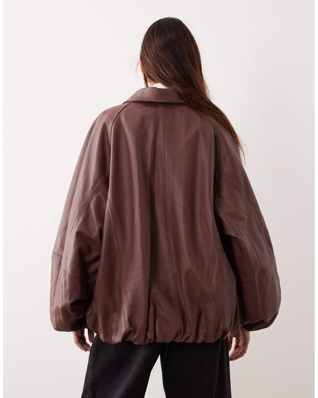 ARRANGE Brown Oversized Leather Bomber Coat With Balloon Sleeve