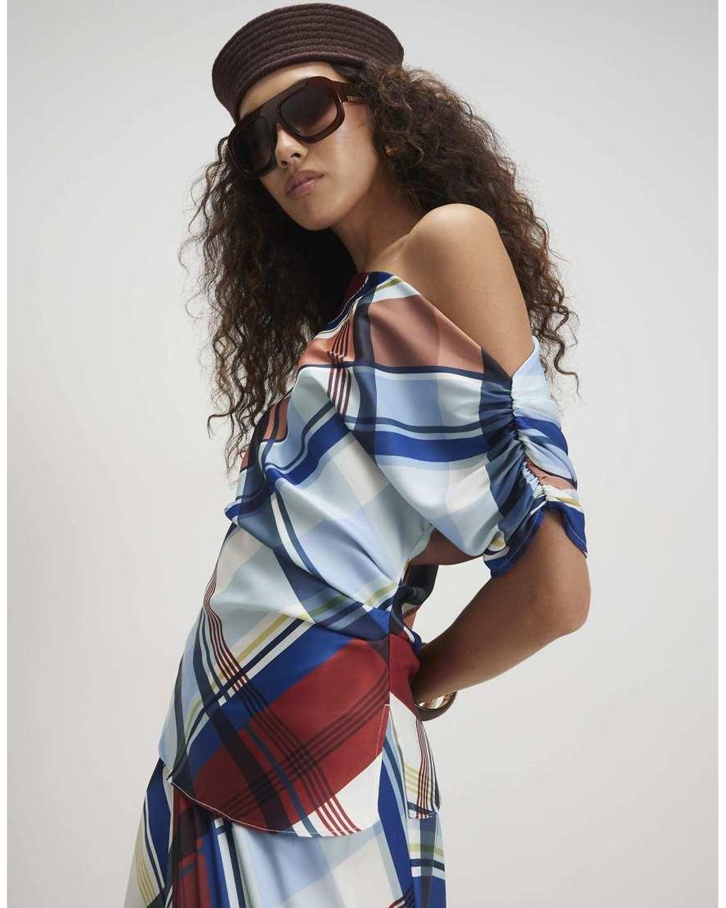 River Island Blue Check Satin Blouse