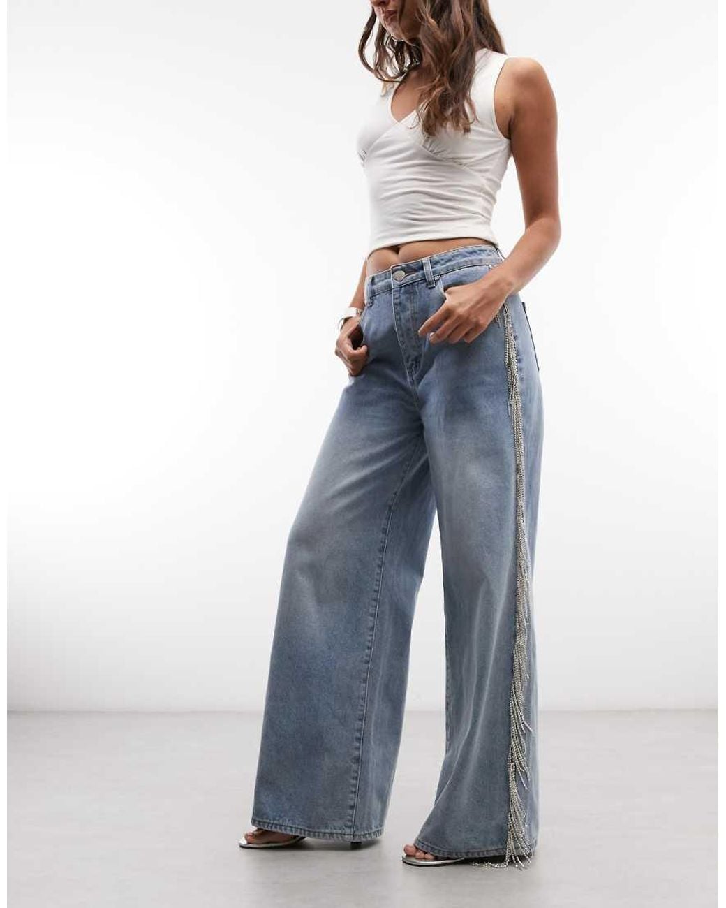 Liquor N Poker Blue Straight Leg Fringe Detail Jeans Co-Ord