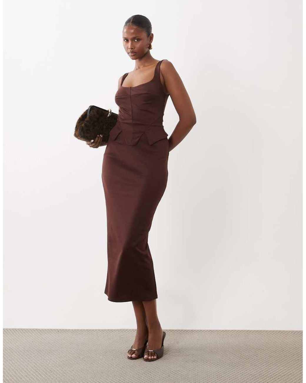 ASOS Brown Structured Pencil Midi Dress With Corset Waist Detail