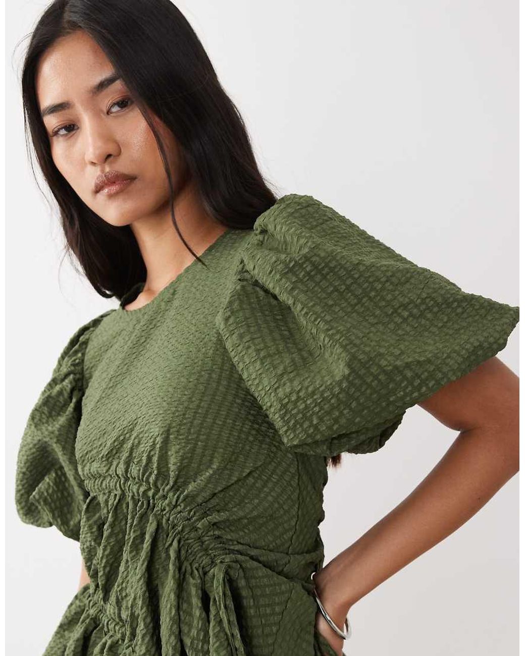 Ghospell Green Ruched Asymmetric Hem Floaty Top Co-Ord