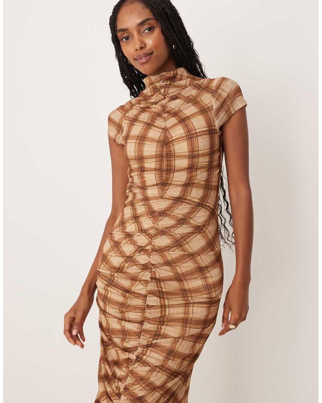 ASOS Natural Mesh Short Sleeve Ruched Midi