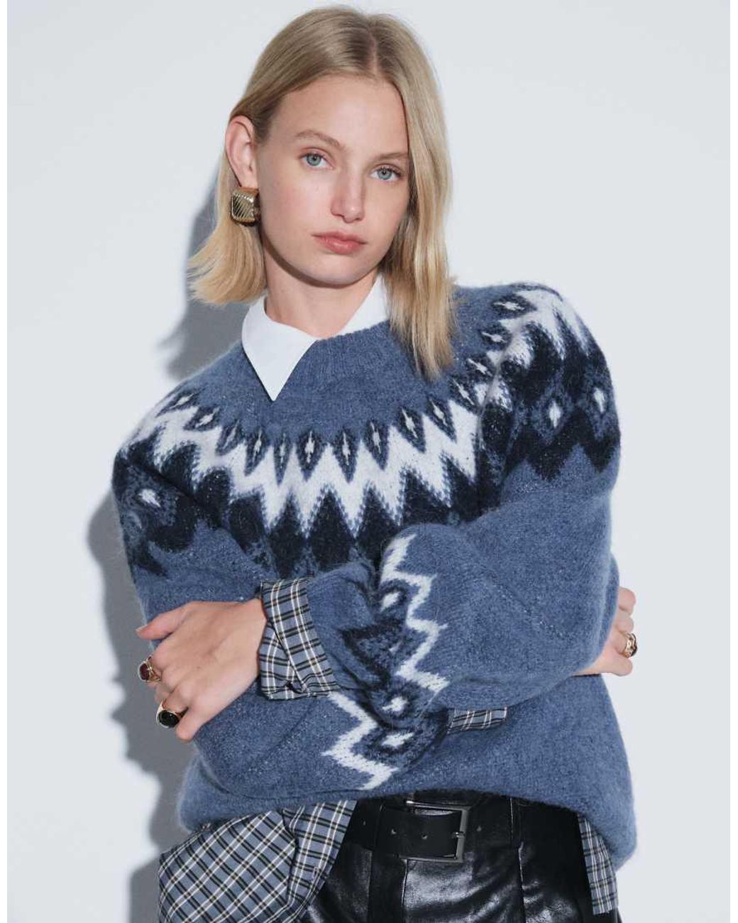 Gina Tricot Blue Alpaca Jacquard Fair Isle Style Knitted Jumper With Wool