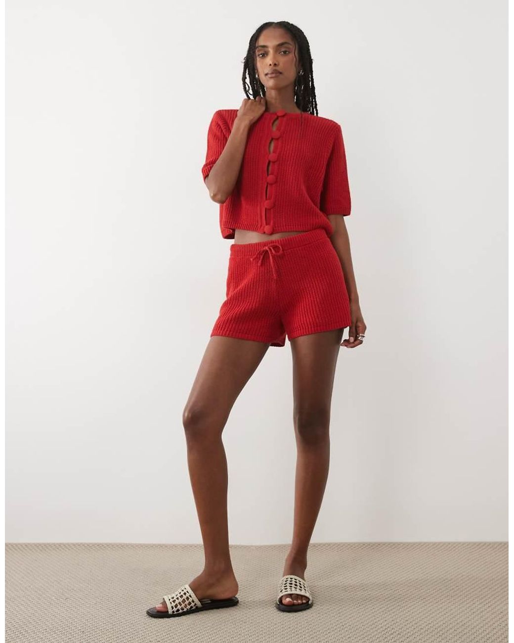 ASOS Red Knitted Cotton Blend Shorts Co-Ord