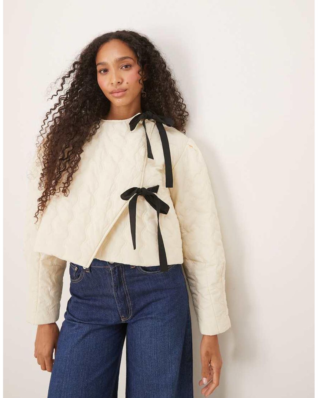 Ghospell Blue Quilted Cropped Jacket With Tie Detail