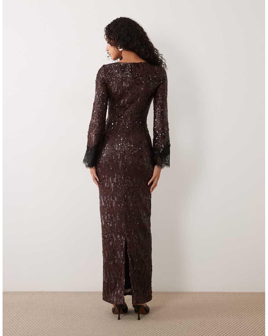 TFNC London Brown Sequin Slash Neck Maxi Dress
