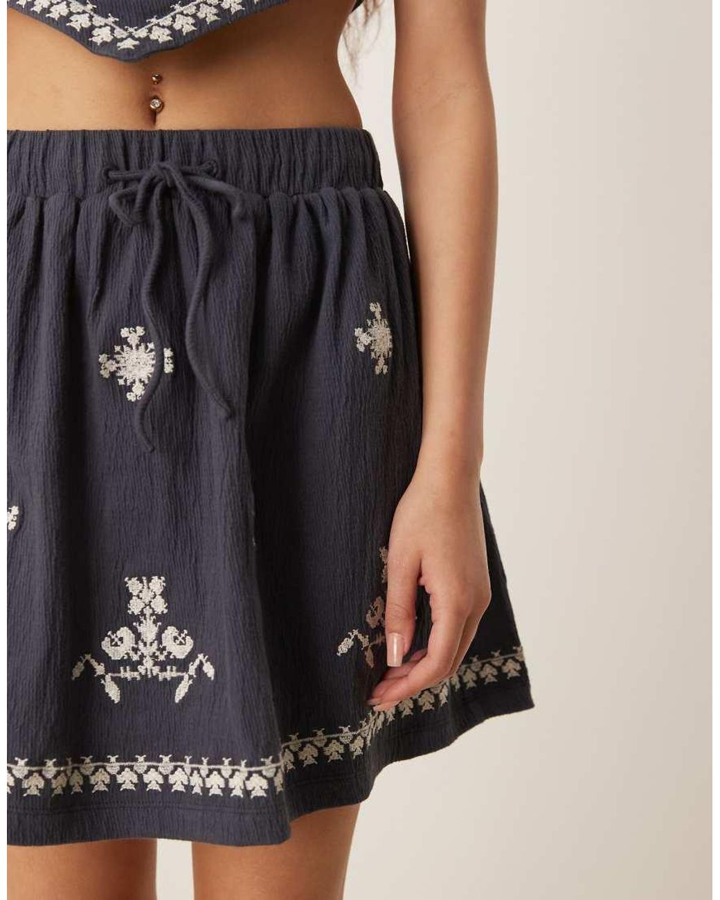ASOS Blue Co-ord Crinkle Embroidered Mini Skirt