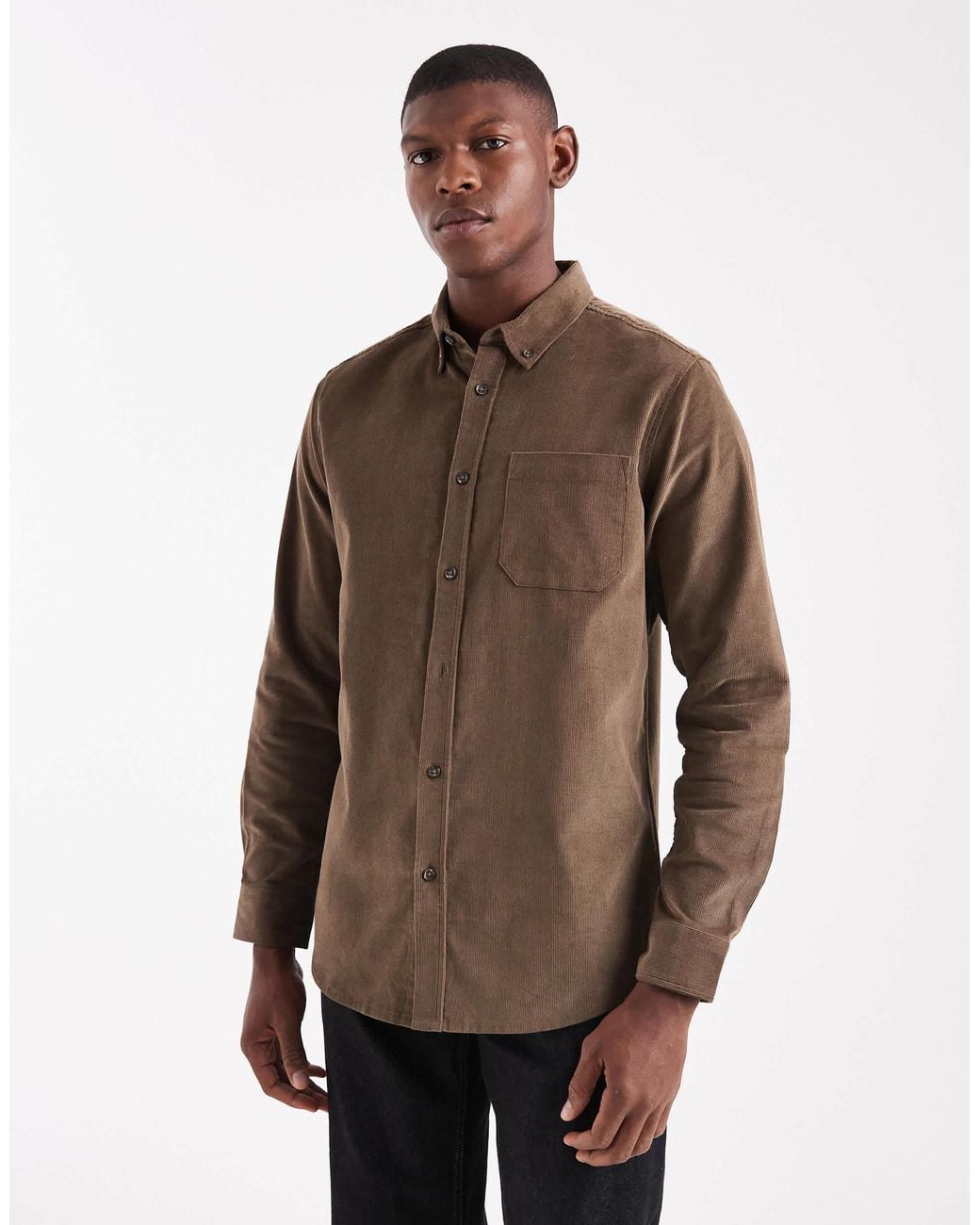 Threadbare Brown Fine Cord Button Down Shirt for men
