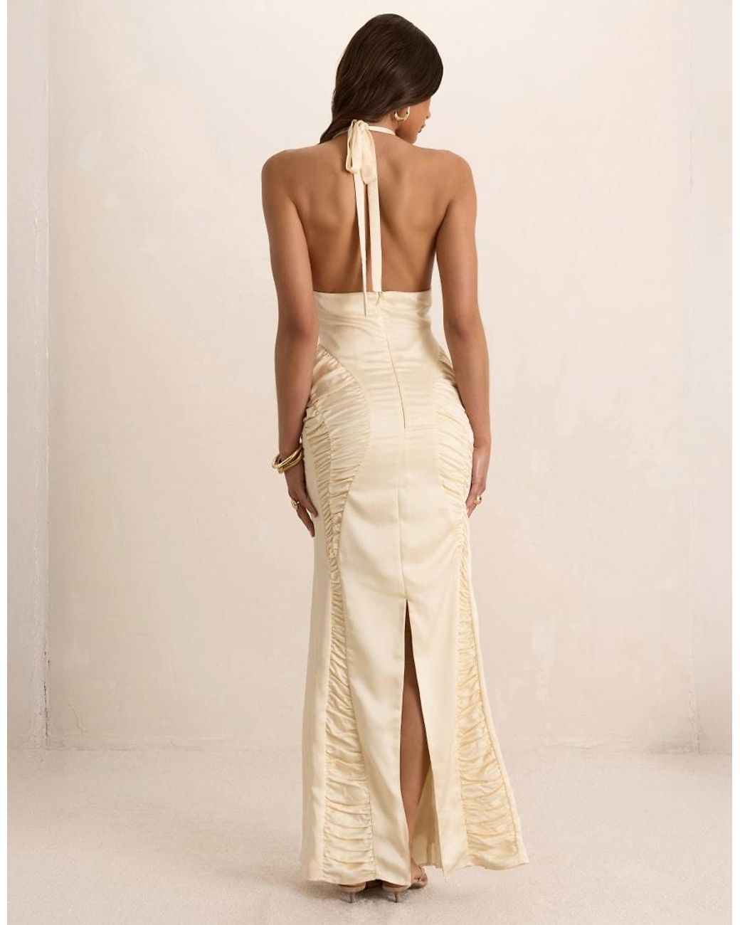 Missy Empire Natural Cream Satin Ruched Plunge Maxi Dress
