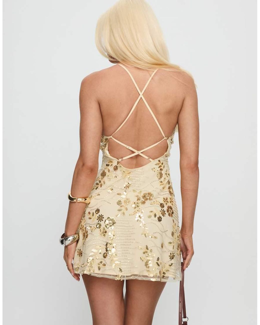 Princess Polly Brown Steffie Floral Sequined Plunge Cutout Detail Open Strappy Back Sleeveless Mini Dress