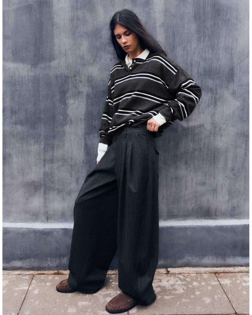 Bershka Gray Striped Polo Neck Sweater