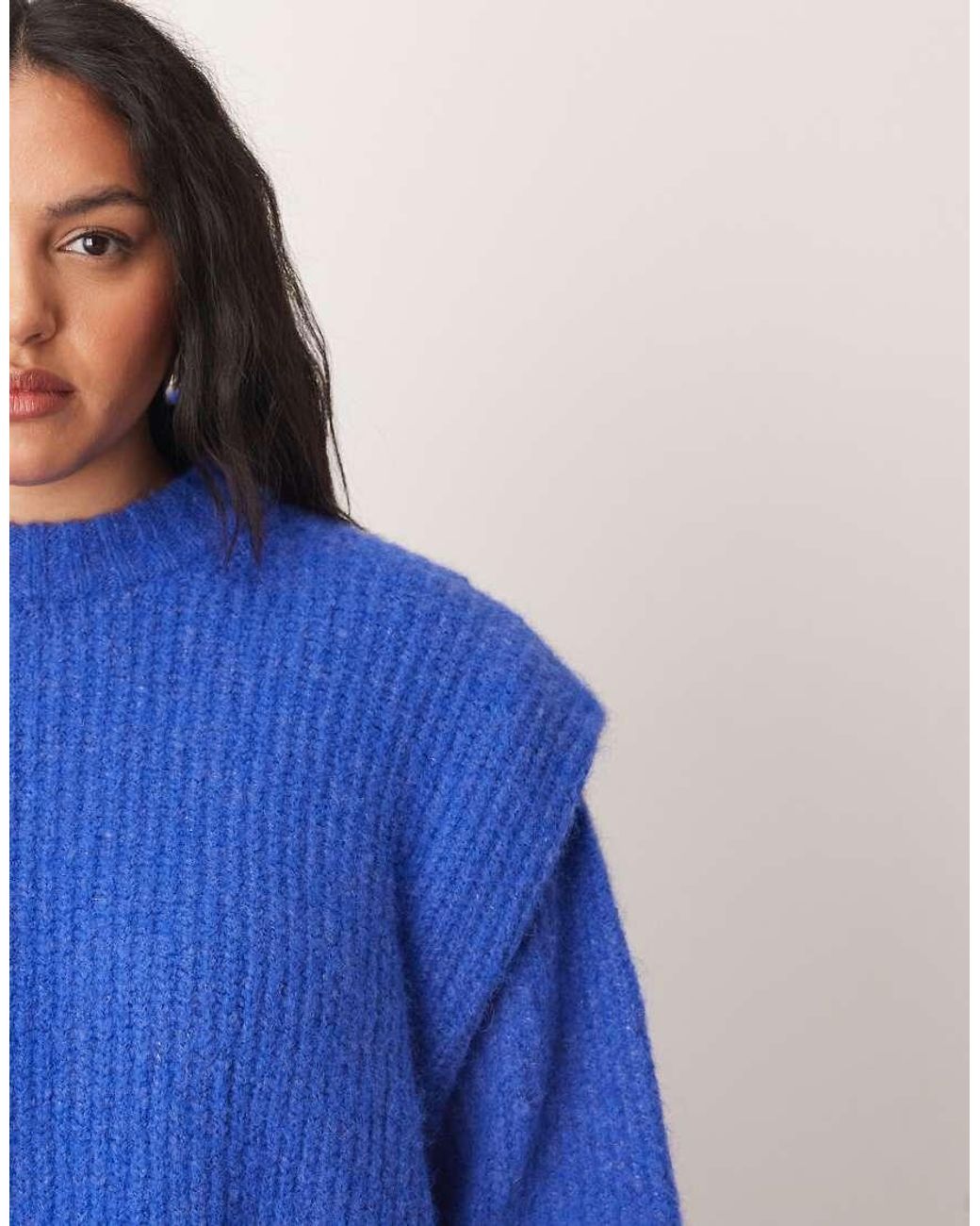 ARRANGE Blue Curve Rib Knitted Shoulder Pad Jumper