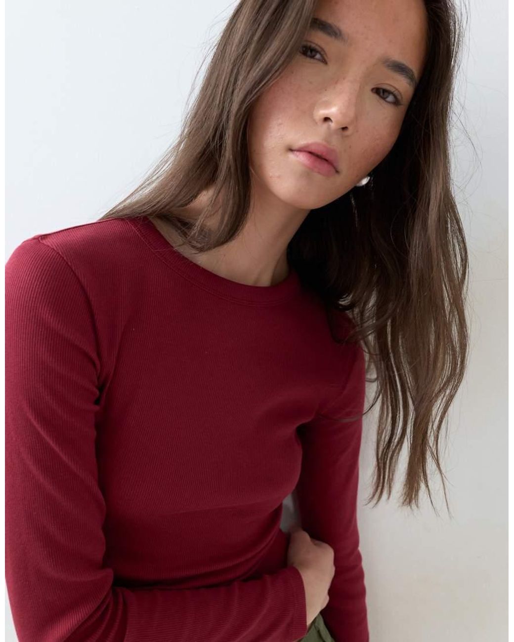 ASOS Red Rib Crew Neck Long Sleeve Top