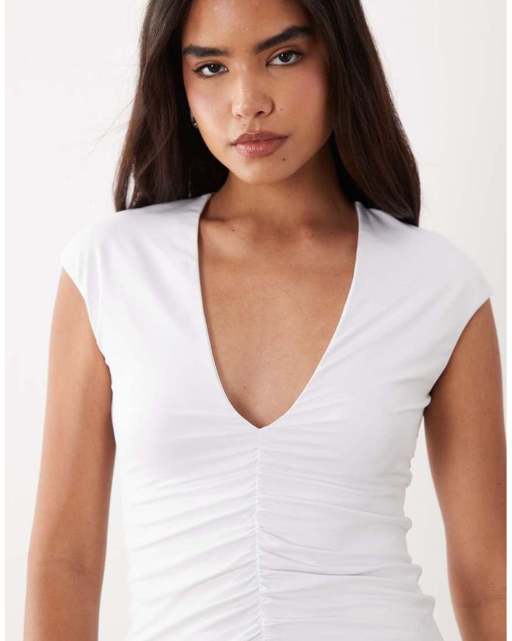 ASOS White Plunge Open Front Short Sleeve Ruched Top