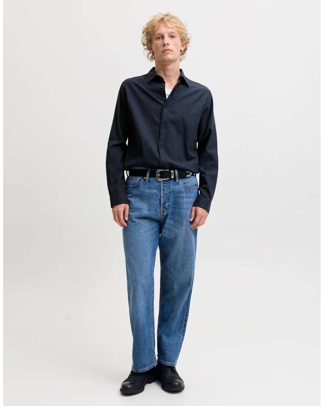 Camisa De Manga Larga Con Cuello Abierto En Jack & Jones de hombre de color Blue