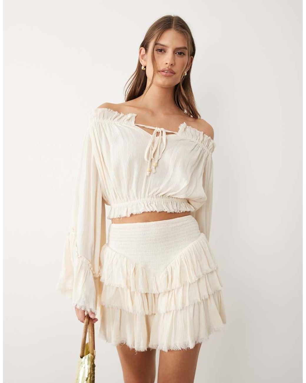 Miss Selfridge Natural Off Shoulder Boho Blouse With Fluted Sleeves