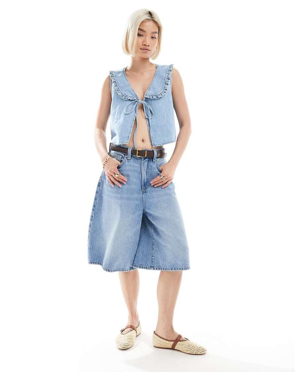 ASOS Blue Tie Front Denim Vest With Frilled Collar
