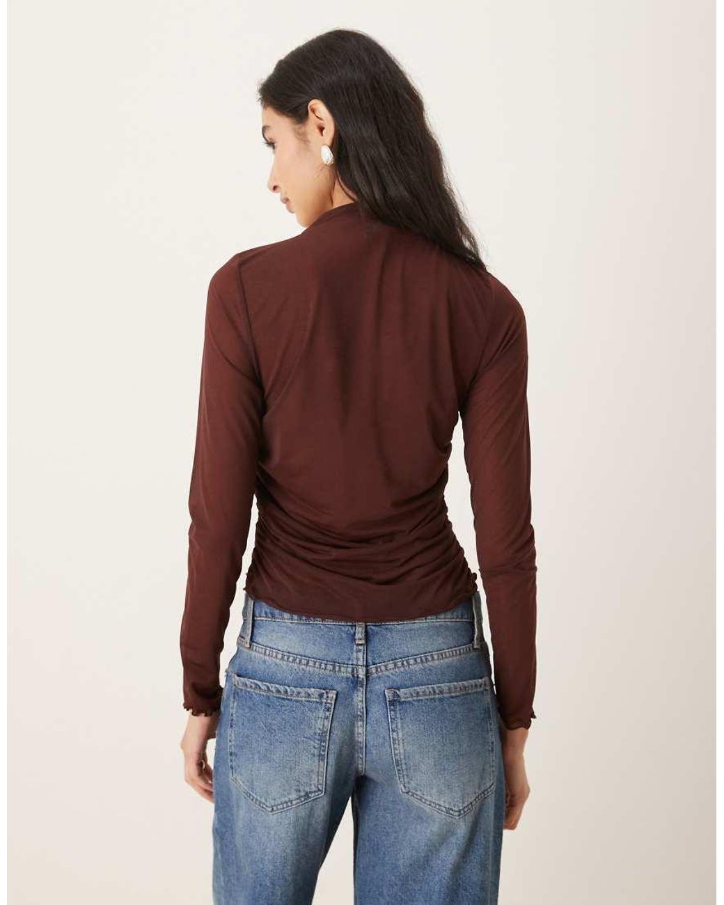 ASOS Purple High Neck Mesh Semi Sheer Long Sleeve Top
