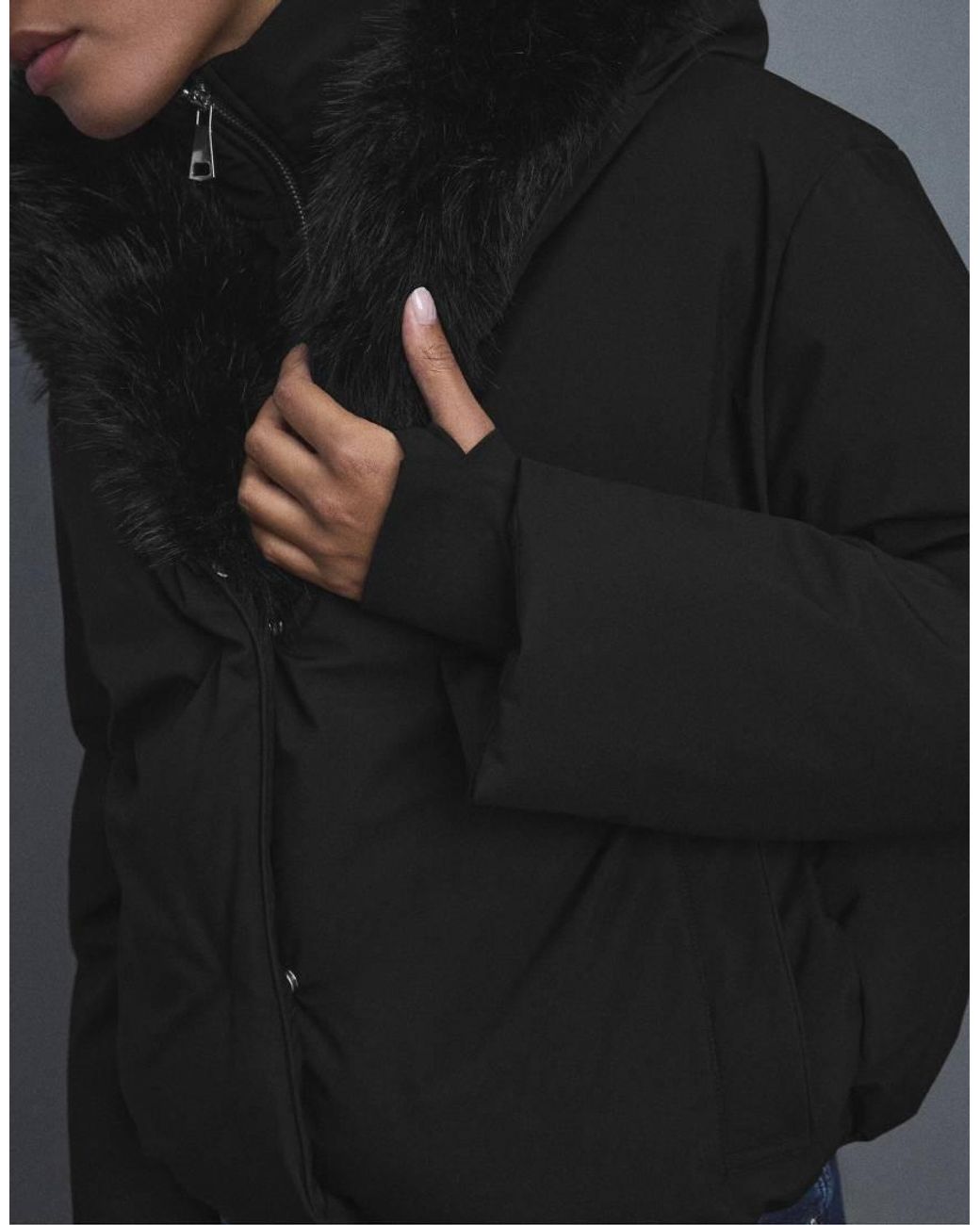 Stradivarius Blue Padded Jacket With Hood And Faux Fur