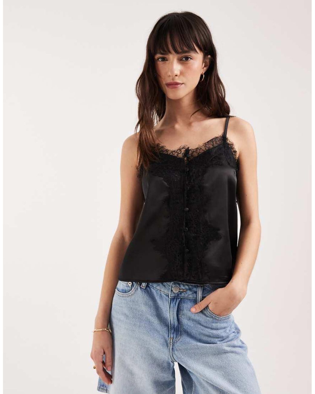 ASOS Black Satin Lace Trim Tie Cami Top