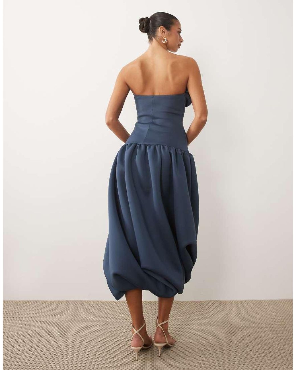 ASOS Blue Scrunched Bandeau Bubble Hem Midi Dress