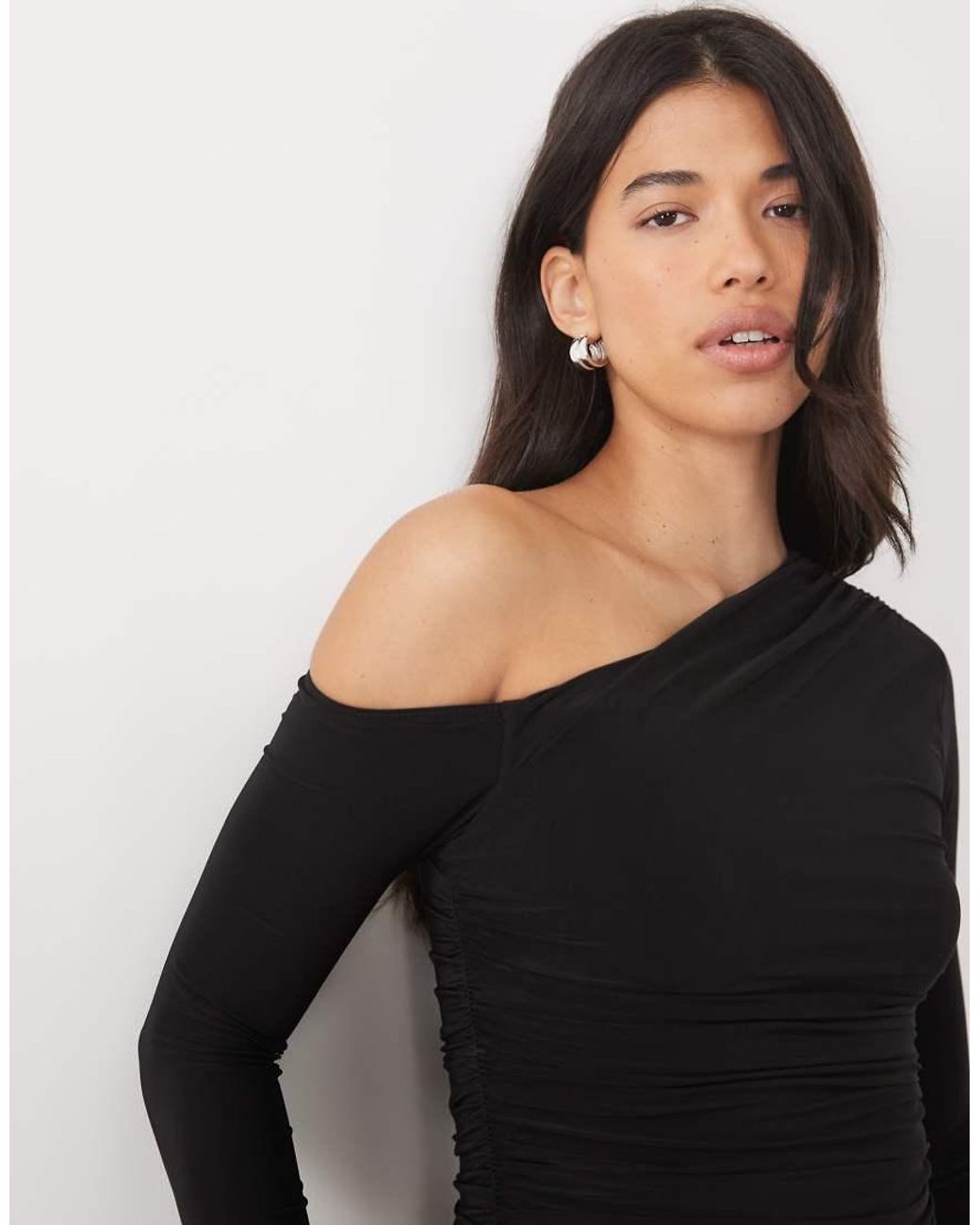 Kaiia Blue Exclusive Double Layered Slinky Off Shoulder Long Sleeve Top