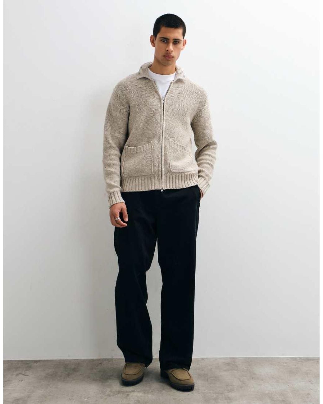 Only & Sons Natural Relaxed Fit Double Zip Knit Cardigan for men