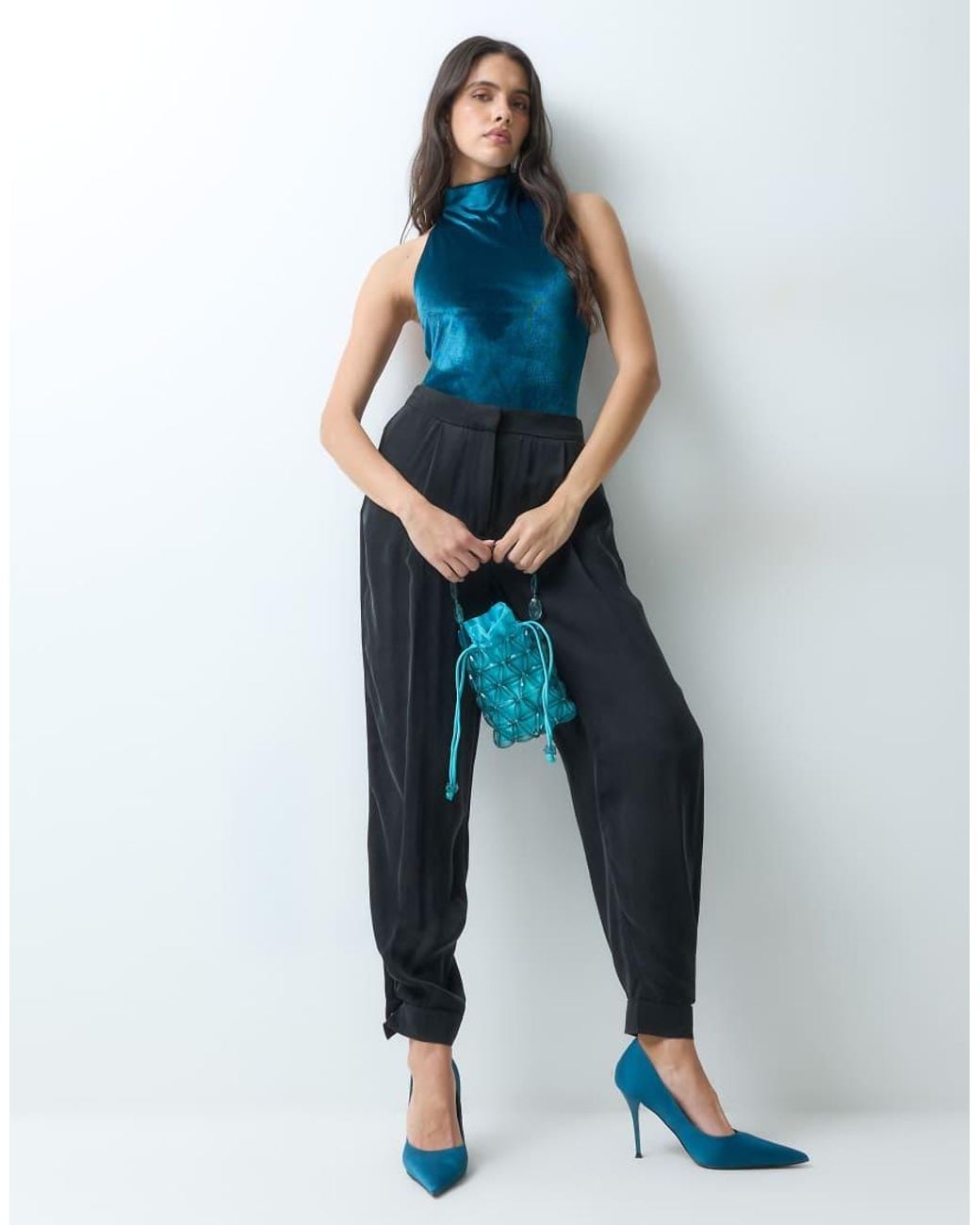 ASOS Blue Velvet Halter Bodysuit With Bow
