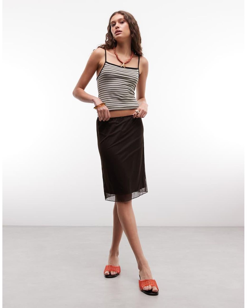 Monki Brown Mesh Knee Skirt