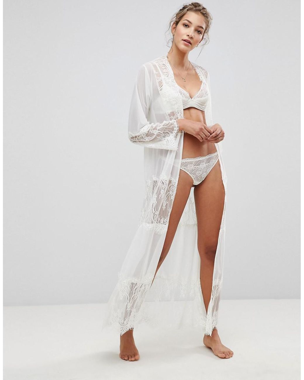 ASOS Bridal Eyelash Lace And Mesh Maxi Robe in White | Lyst UK