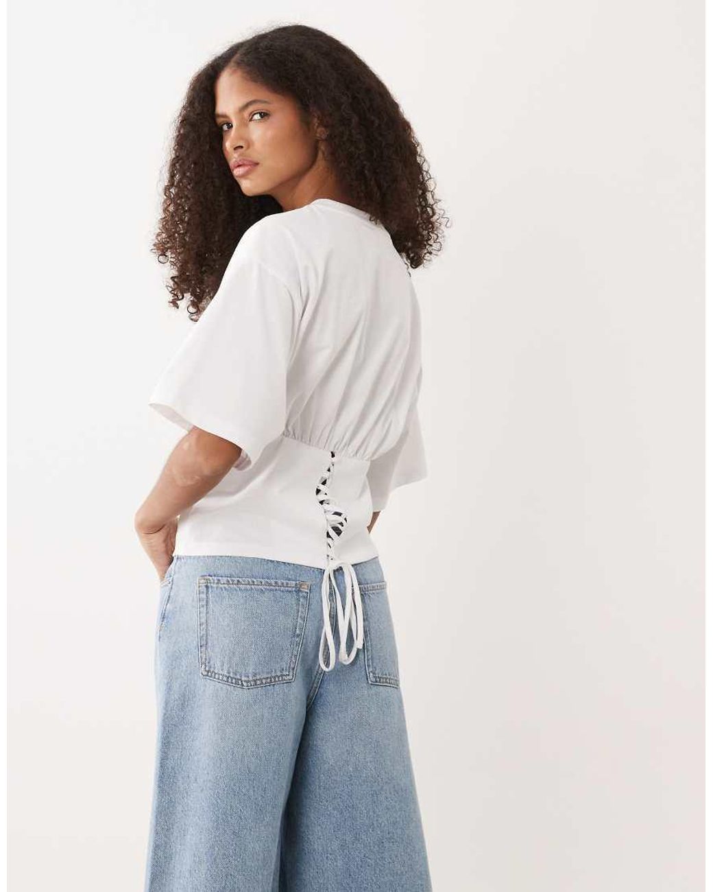 ASOS White Lace Up Back Cinch Waist T Shirt