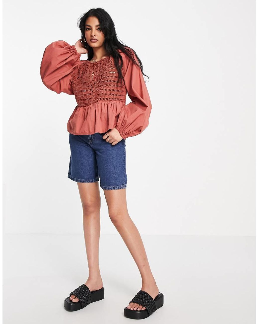 ASOS Red Long Sleeve Top With Crochet Detail And Tie Waist