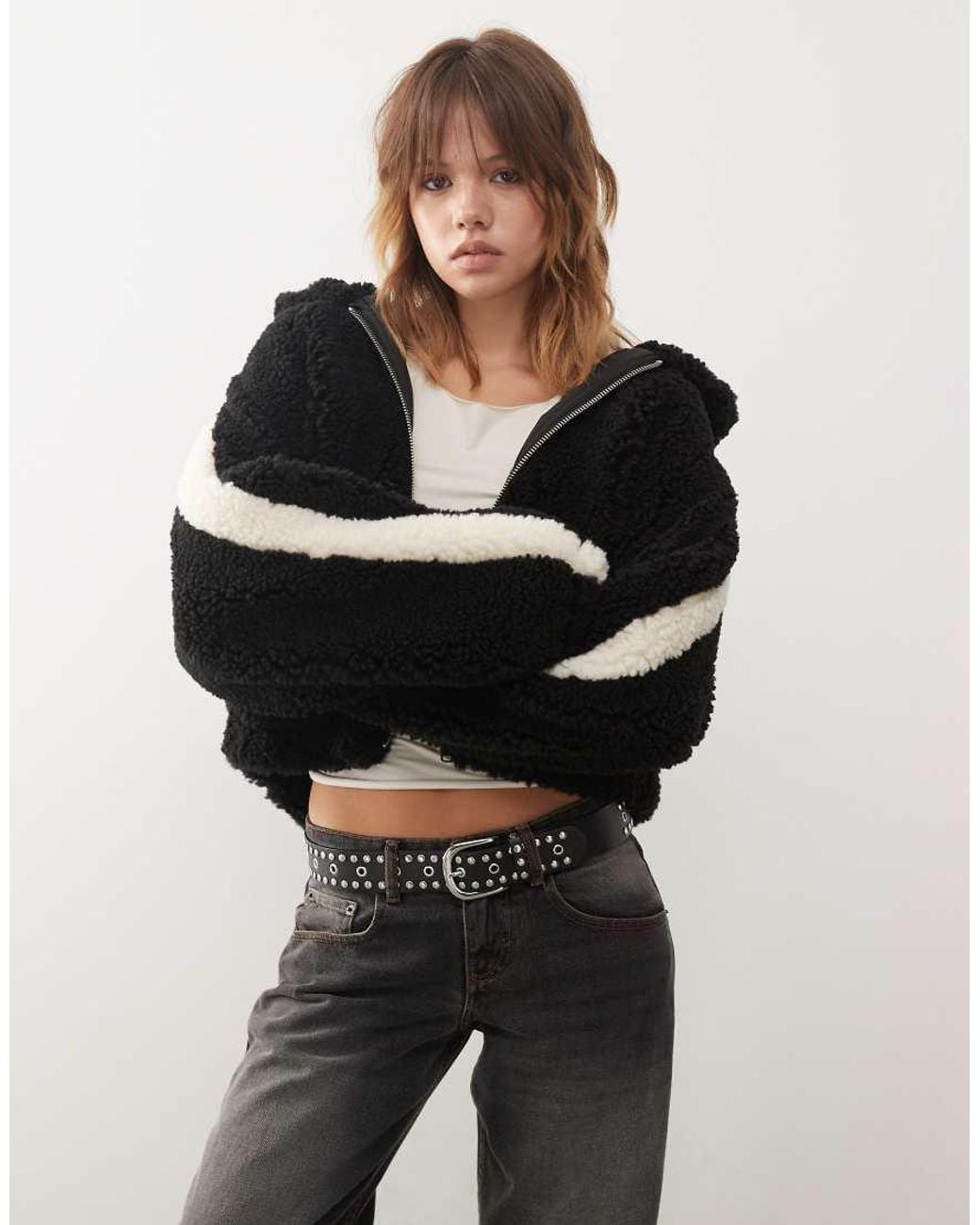 Monki Black Zip Through Teddy Hooded Jacket