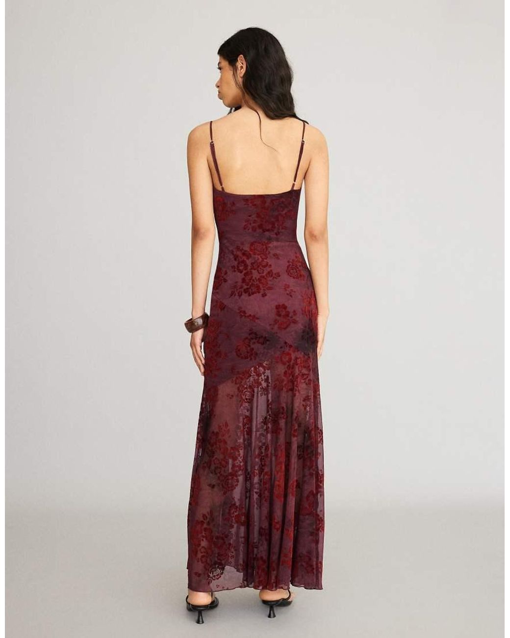 Bershka Red Flocked Tulle Midi Dress With Straps
