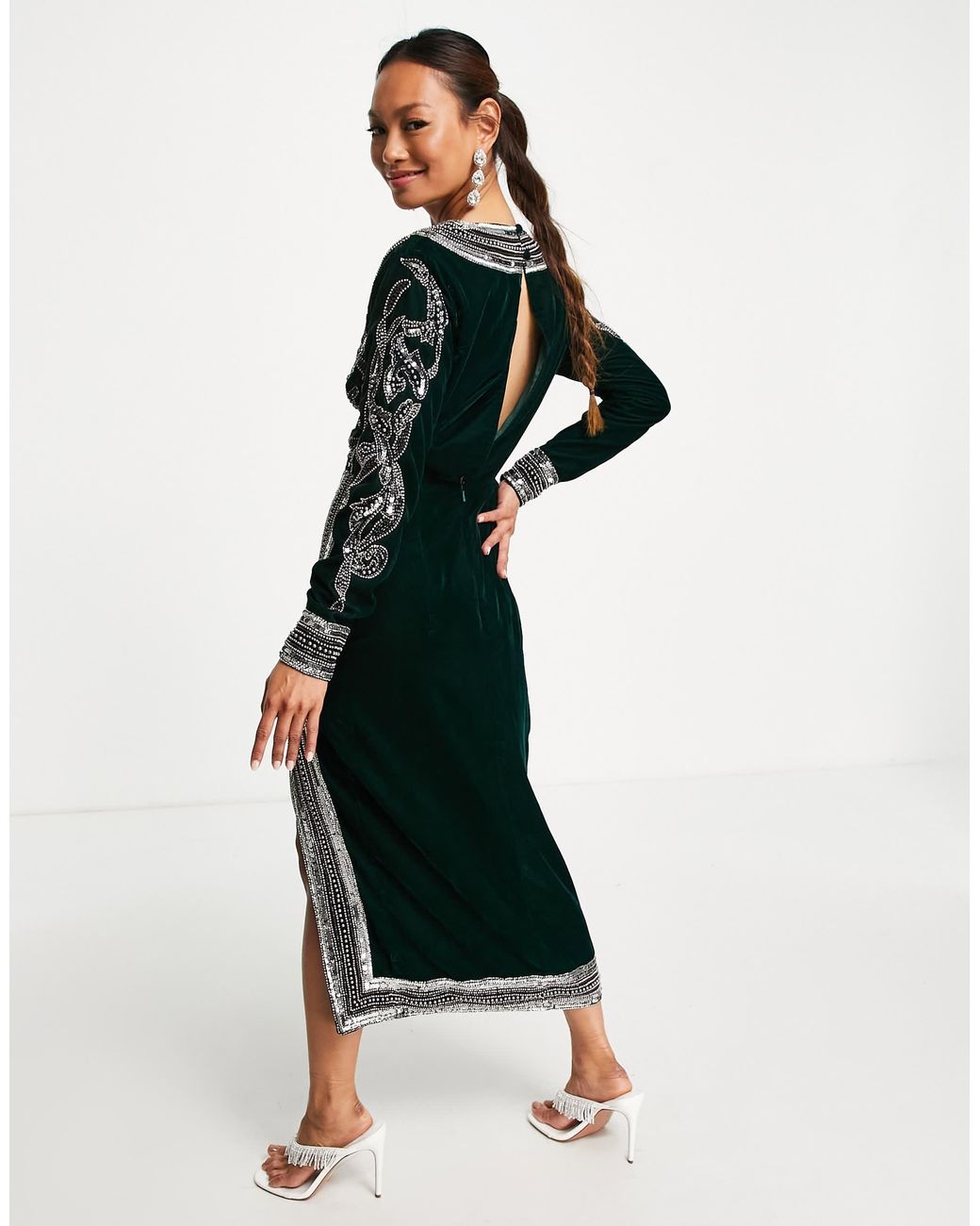ASOS Velvet Wrap Midi Dress With Floral And Pearl Embellishment in Green |  Lyst