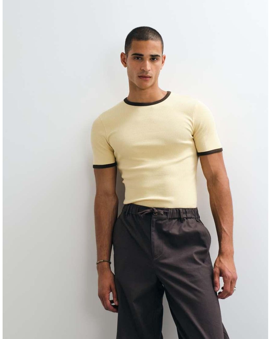 ASOS Natural Muscle Fit T-Shirt With Bound Ringer for men