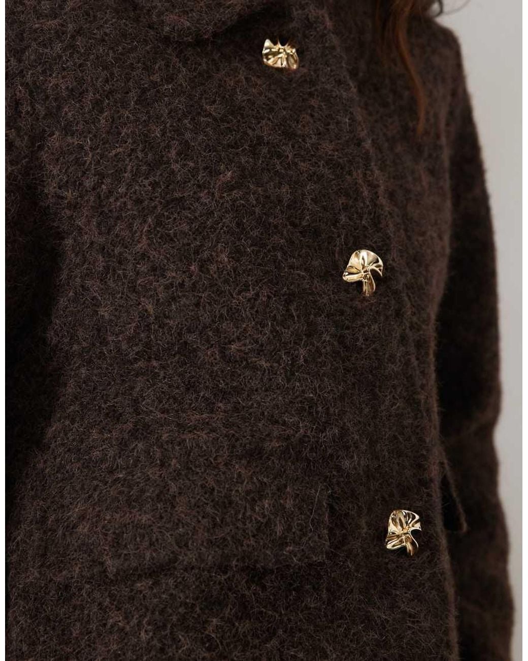 Vero Moda Brown Short Fluffy Textured Jacket With Gold Hammered Buttons