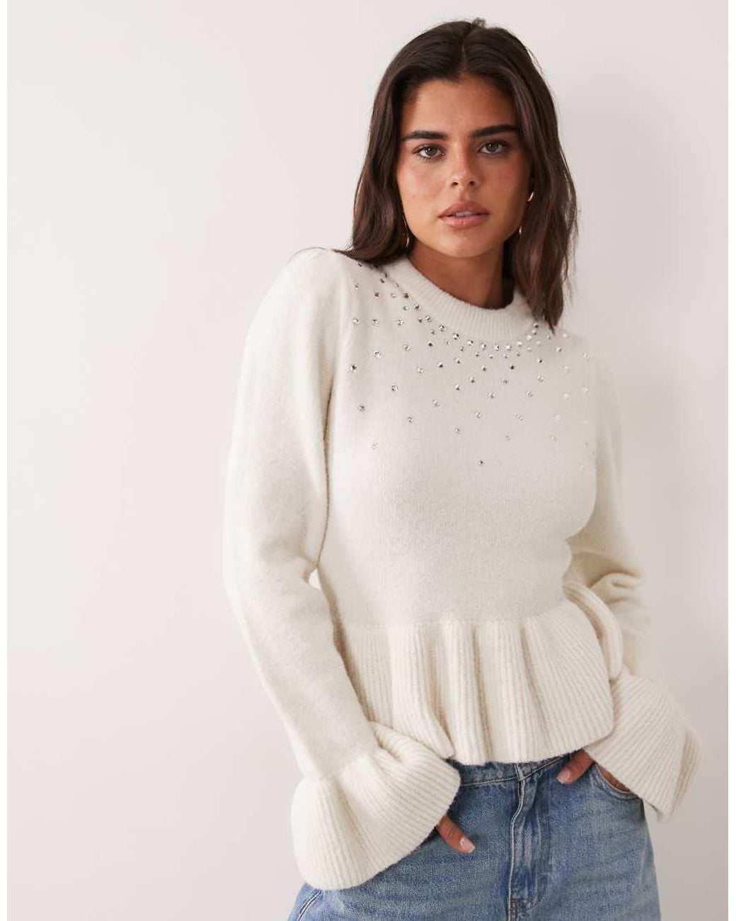 Miss Selfridge Natural Knitted Jumper With Peplum Hem And Embellishment