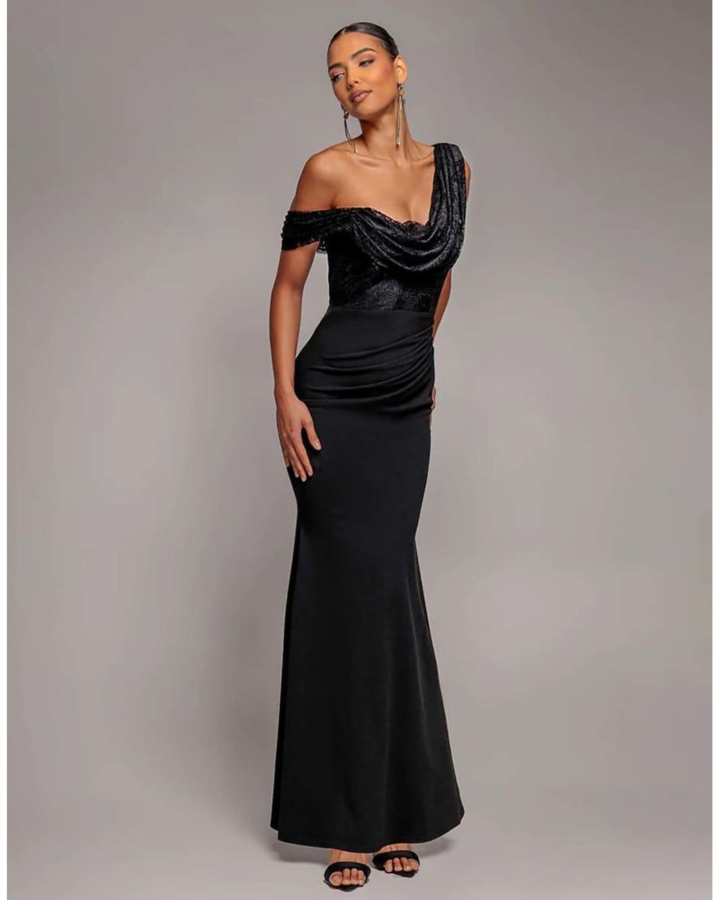 Goddiva Gray Lace Cowl One Shoulder Sculpting Stretch Jersey Crepe Maxi Dress