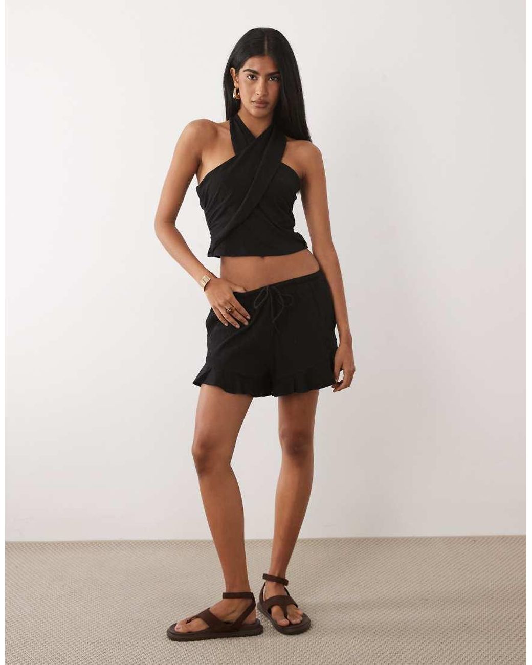 ASOS Black Mix & Match Cotton Crinkle Crossover Halter Neck Top