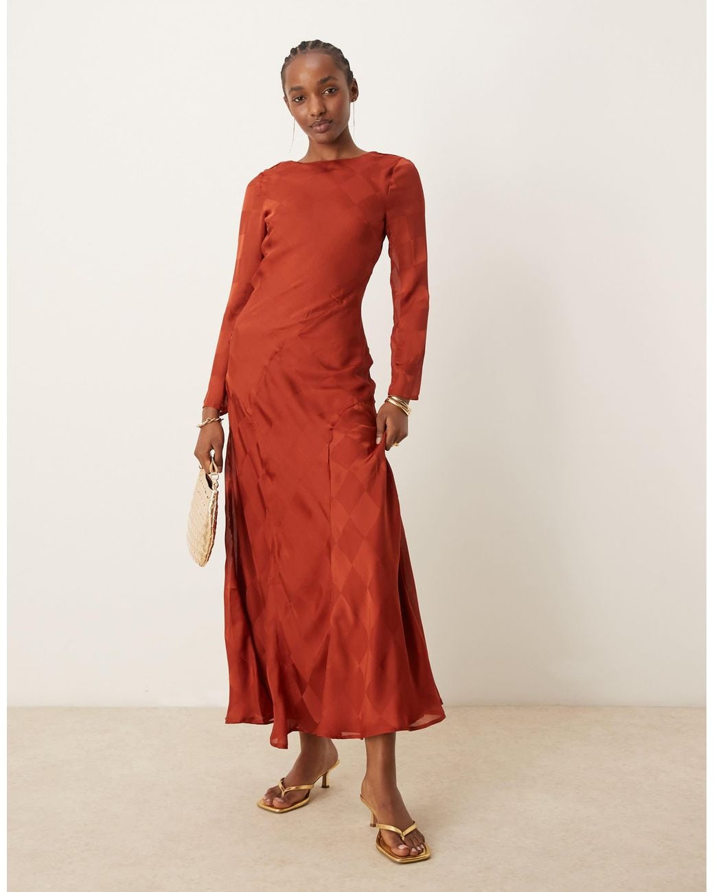 rust satin high neck tie front midi dress