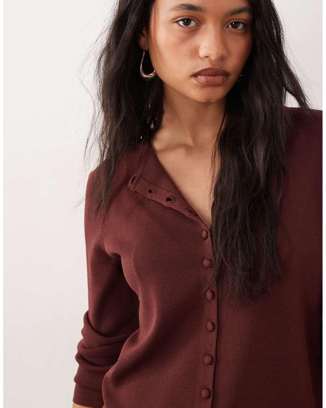 ASOS Brown Compact Crew Neck Cardigan With Self Covered Buttons