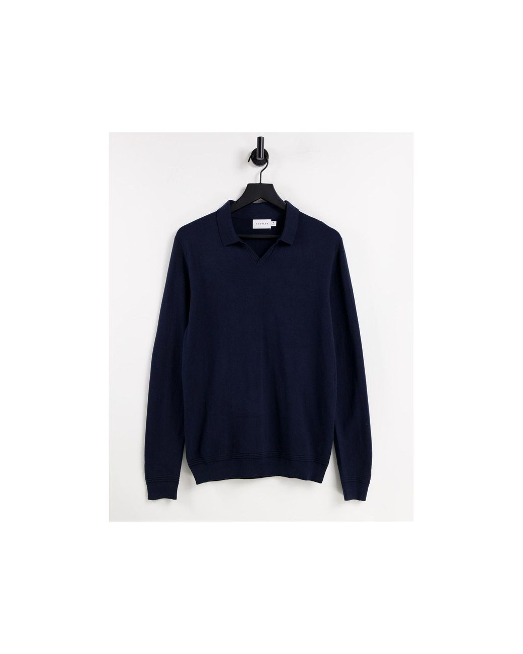 TOPMAN Long Sleeve Open Collar Knitted Polo in Blue for Men