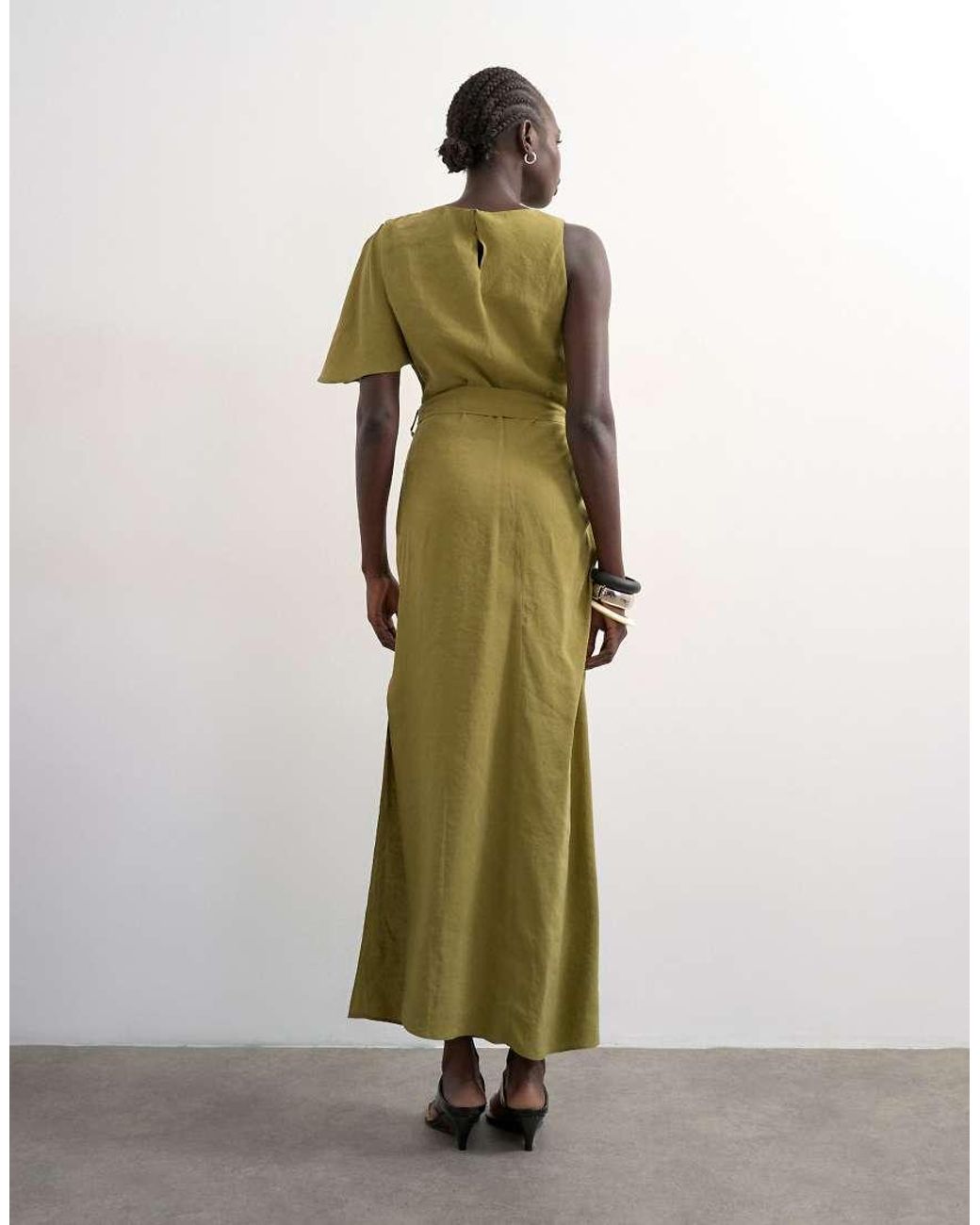 TOPSHOP Green Asymmetric Sleeve Tie Waist Cupro Maxi Dress