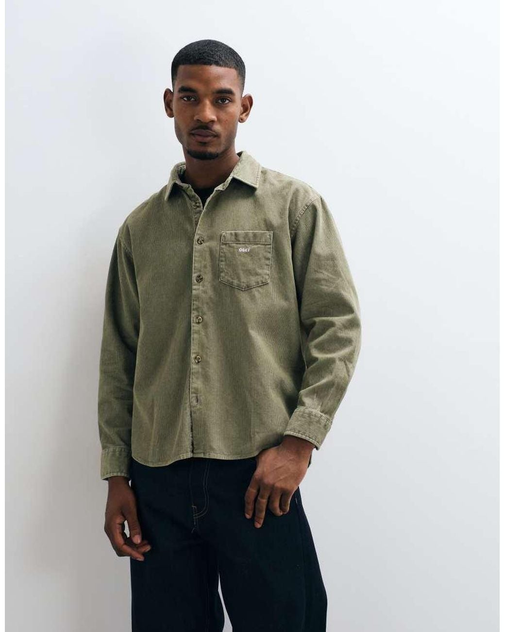 Obey Green Tommy Woven Corduroy Long Sleeve Shirt for men